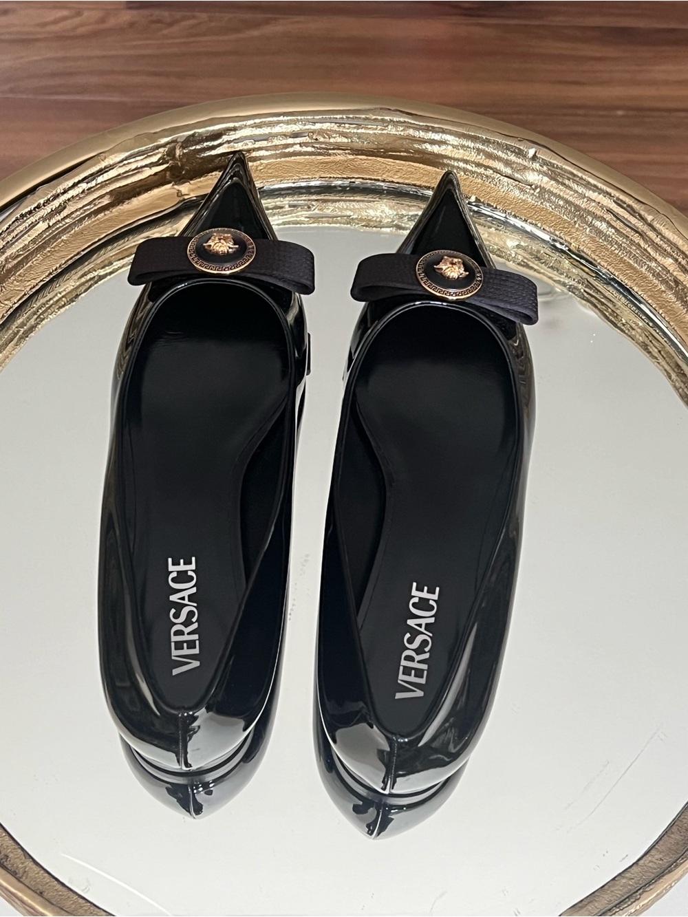 Versace Black Patent Pointed Toe Flats with Gold Medusa Medallion - Picture 2 of 13